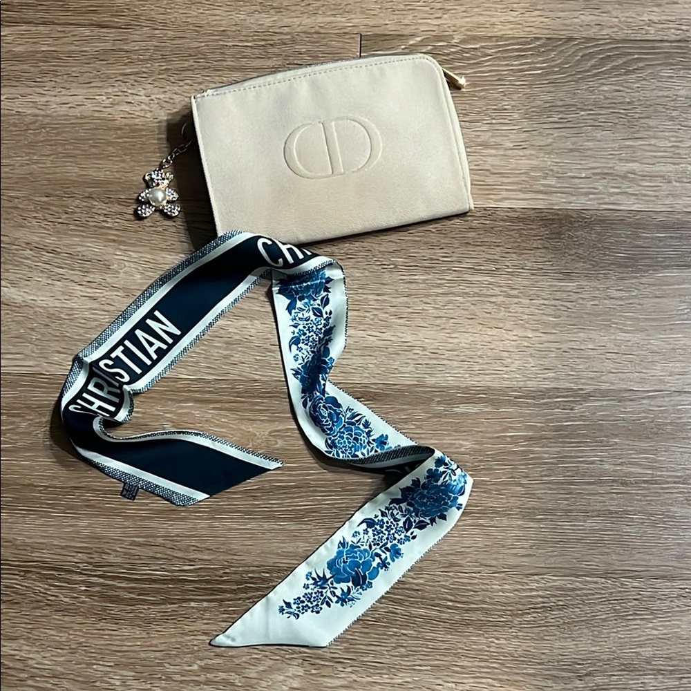 Dior Cream Clutch with Blue Floral Scarf